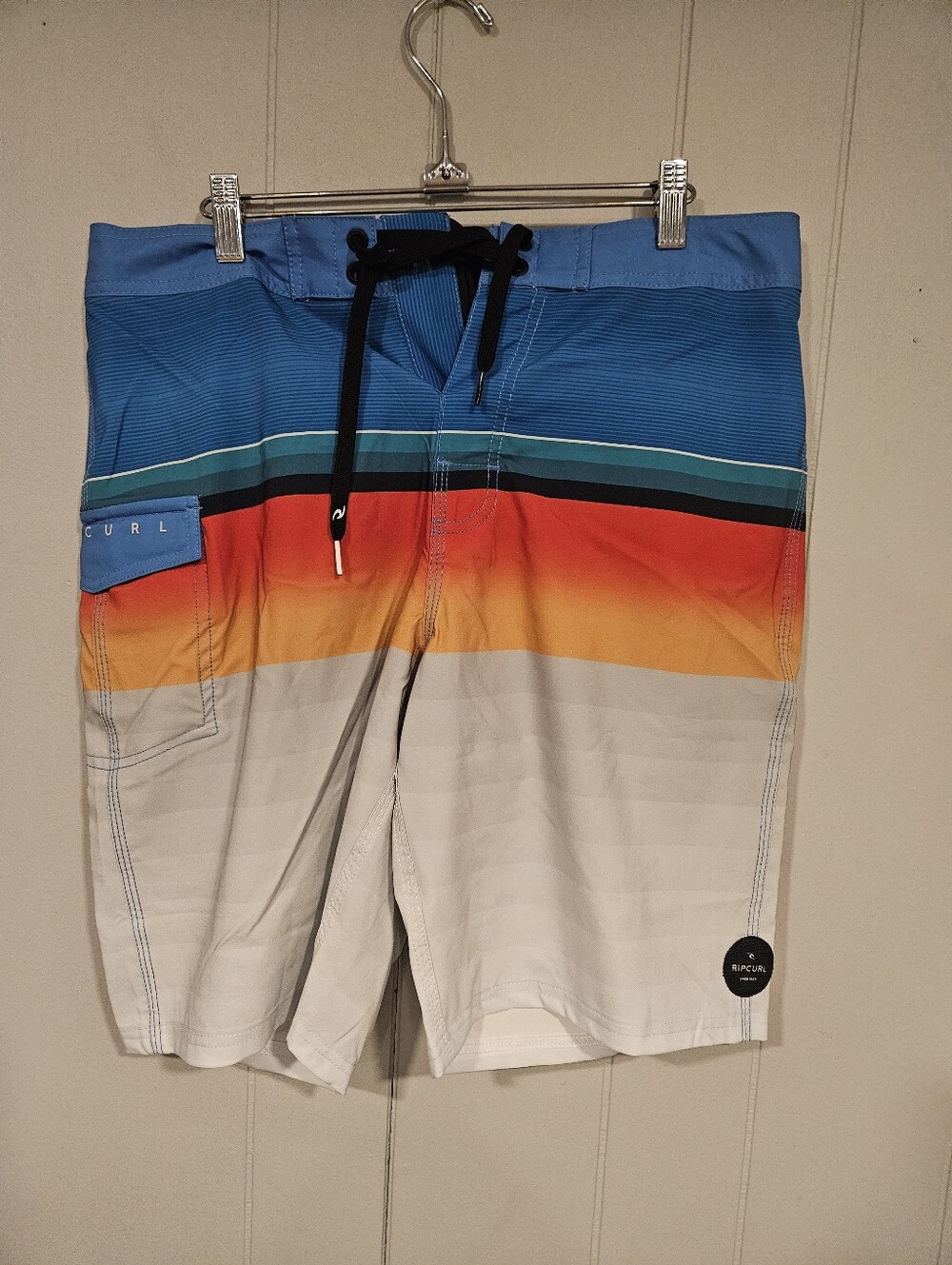 Rip Curl Board Shorts Mens 31x10 Blue White Colorful Striped Surf Swim Trunks